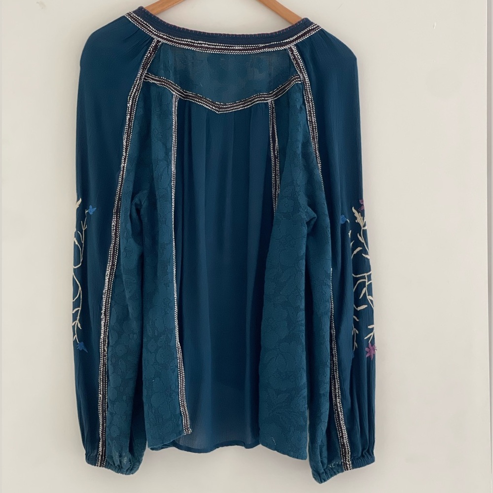 Free People Tiger Lily Peasant Blouse Small Teal Blue 🦚 - Picture 9 of 11